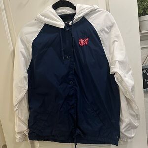 Obey Navy Blue and White Hooded Windbreaker Jacket